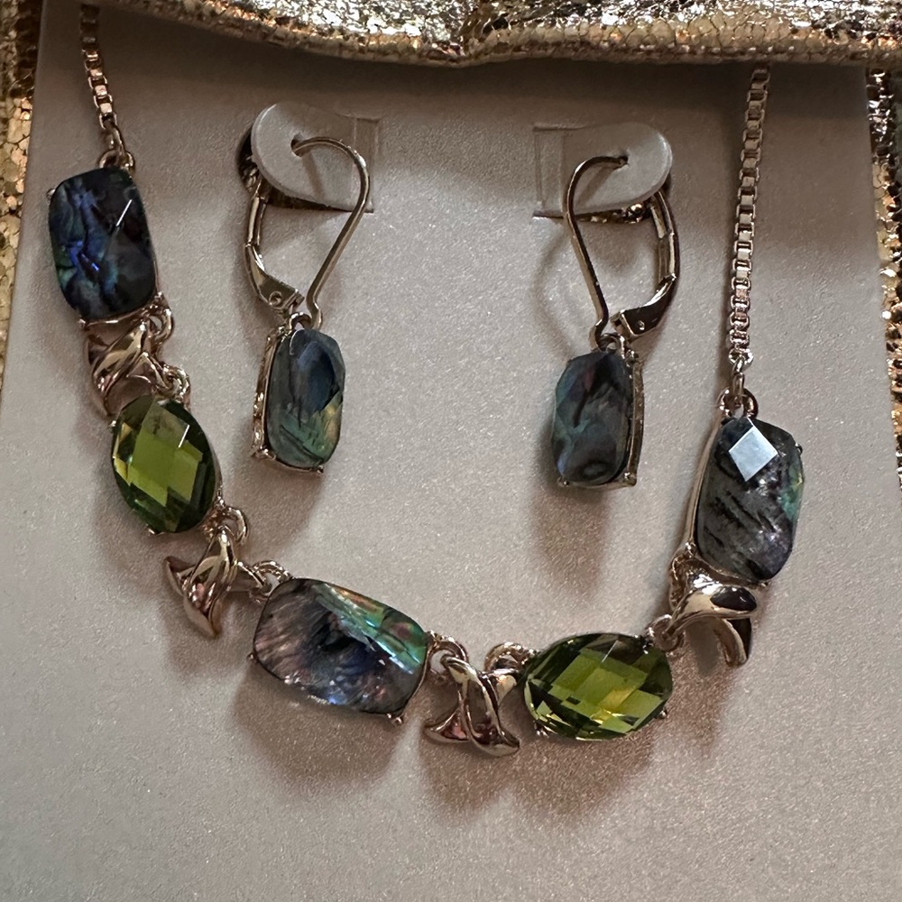 Anne Klein Necklace and Earrings Gold with Blue and Green‎ Stones - Picture 5 of 5